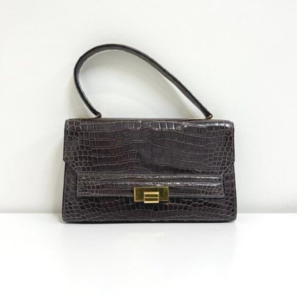 Hermes Handbags - HERMES Vintage Gray Crocodile Shoulder Bag Gold Hardware Exotic Leather Handbag